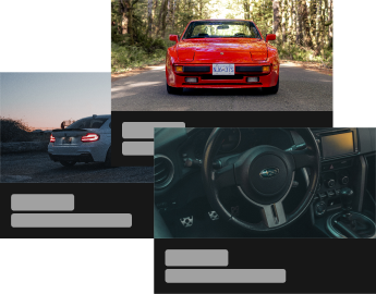 Staggered vehicle profile cards with photos